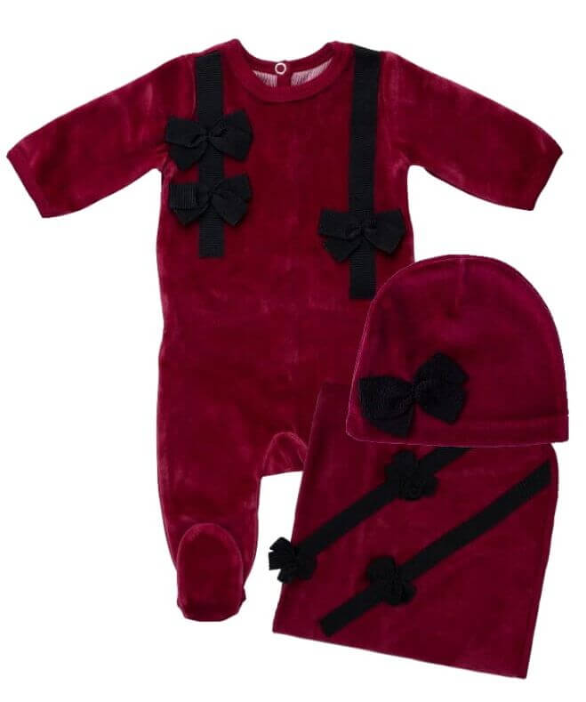 Burgundy Sweet Chic Bows Layette Set