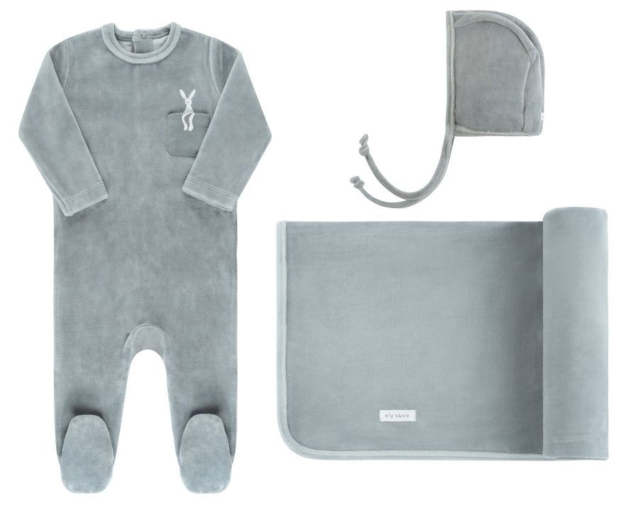 Blue Velour Bunny Pocket Layette Set
