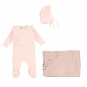 Soft Blush Velour Ruffle Layette Set