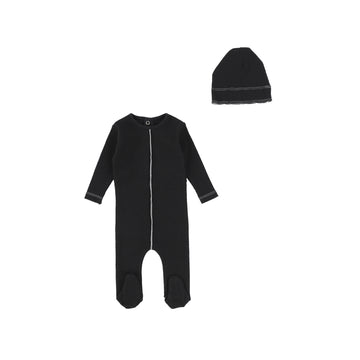 Contrast Black Ribbed Footie and Bonnet