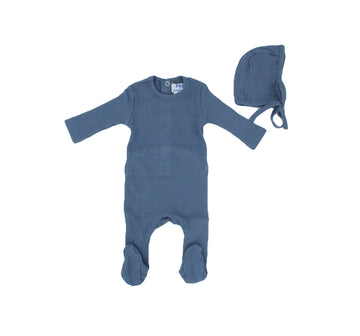 Blue Ribbed Footie and Bonnet