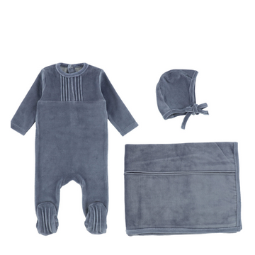 Blue Pleated Velour Layette Set