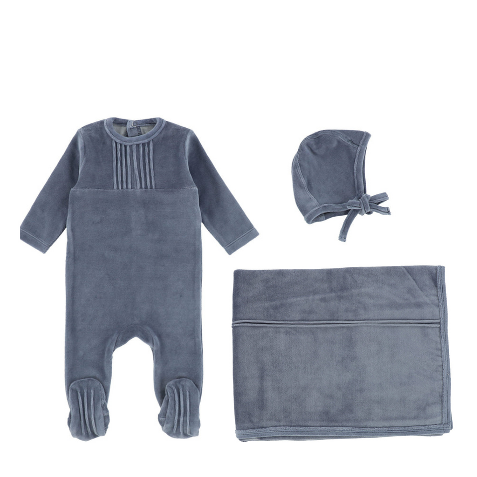 Blue Pleated Velour Layette Set