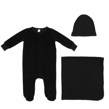 Black Velour Ribbed Logo Layette Set