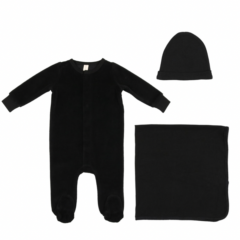 Black Velour Ribbed Logo Layette Set