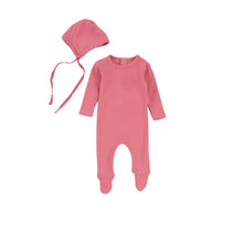 Bee & Dee Pink Ribbed Footie with matching bonnet