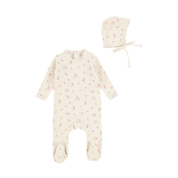 Cream Print Footie and Bonnet