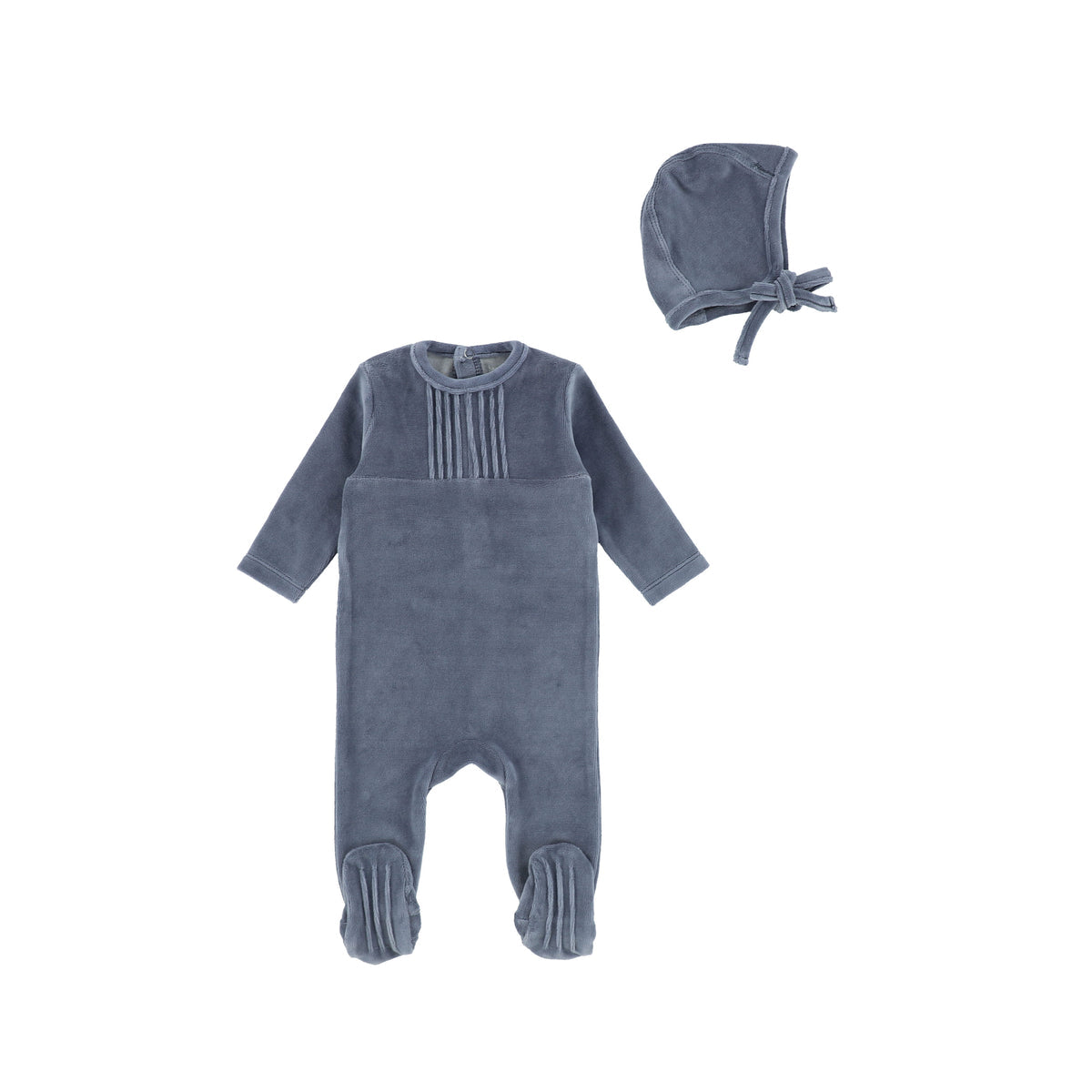 Blue Pleated Velour Footie and Bonnet