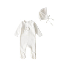 Ivory Velour Small Print Footie and Bonnet