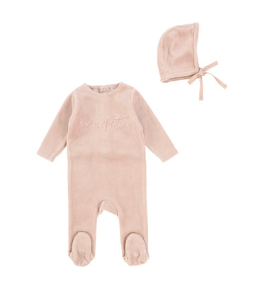 Blush Velour Signature Footie and Bonnet