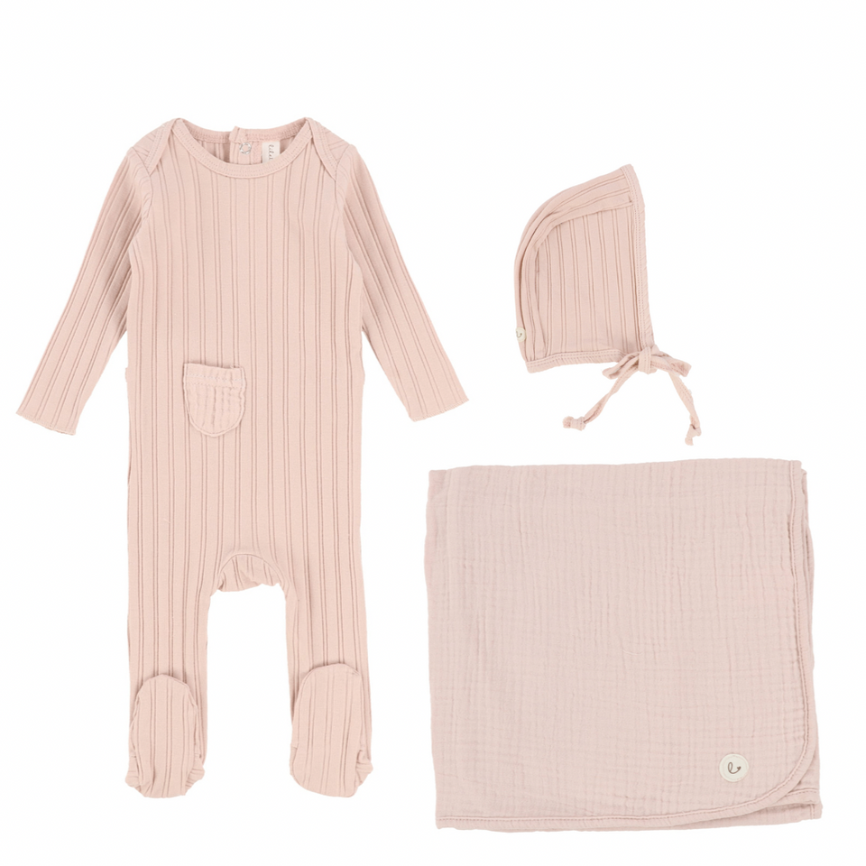 Pink Ribbed Muslin Layette Set