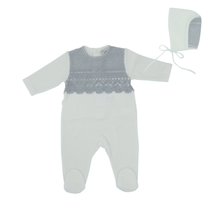 Grey Embroidery Overlay Footie and Bonnet