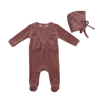 Deep Mauve Center Smock Footie and Bonnet