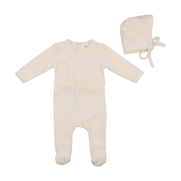 Ivory Center Smock Footie and Bonnet