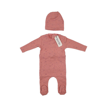 Dusty Rose Velvet Dot Footie and Beanie