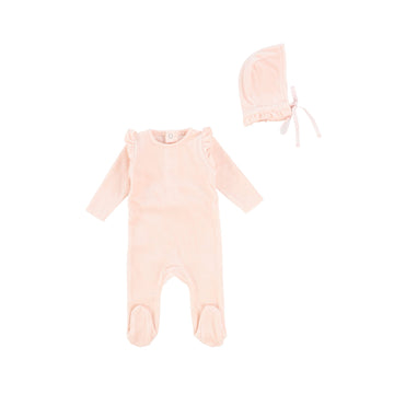 Soft Blush Velour Ruffle Footie and Bonnet