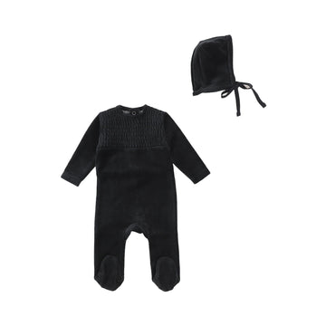 Black Velour Smocked Footie and Bonnet