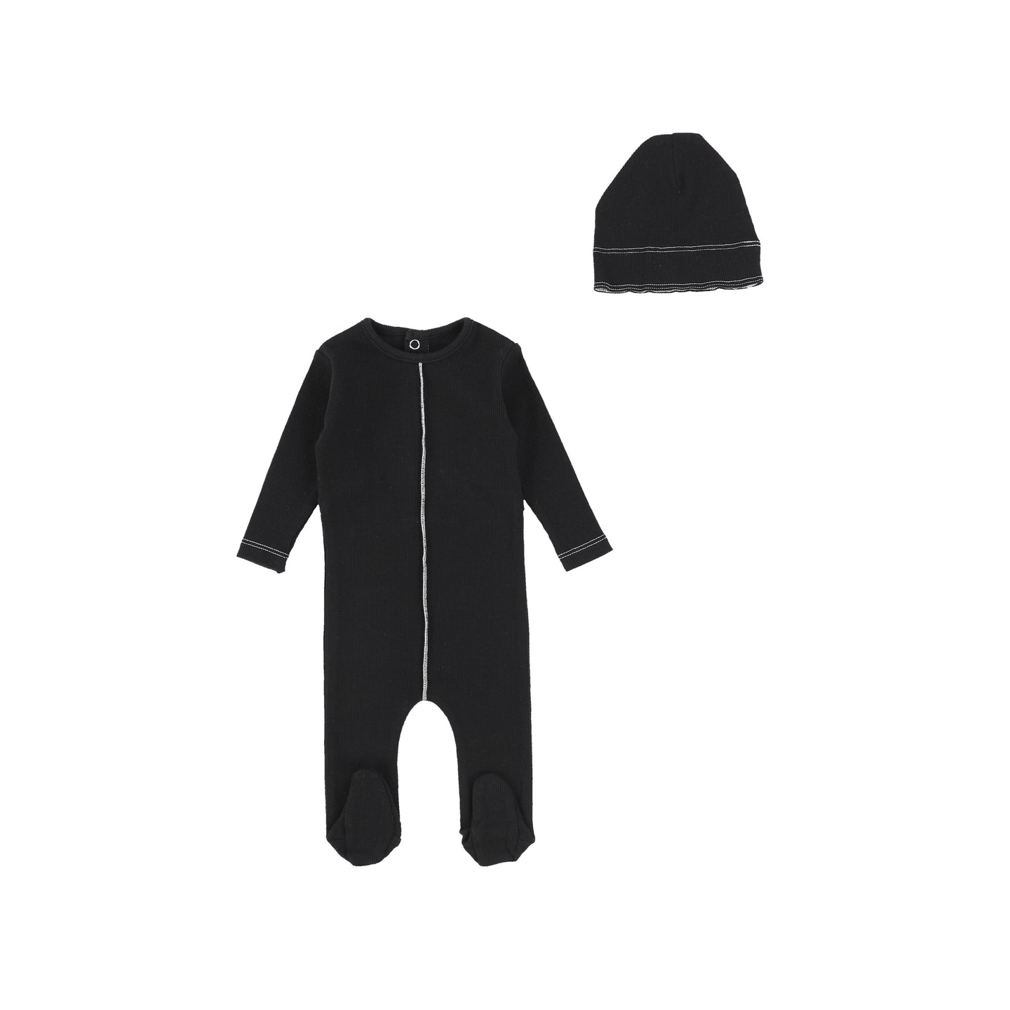Contrast Black Ribbed Footie and Bonnet