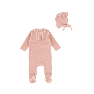 Petal Pink Pleated Velour Footie and Bonnet