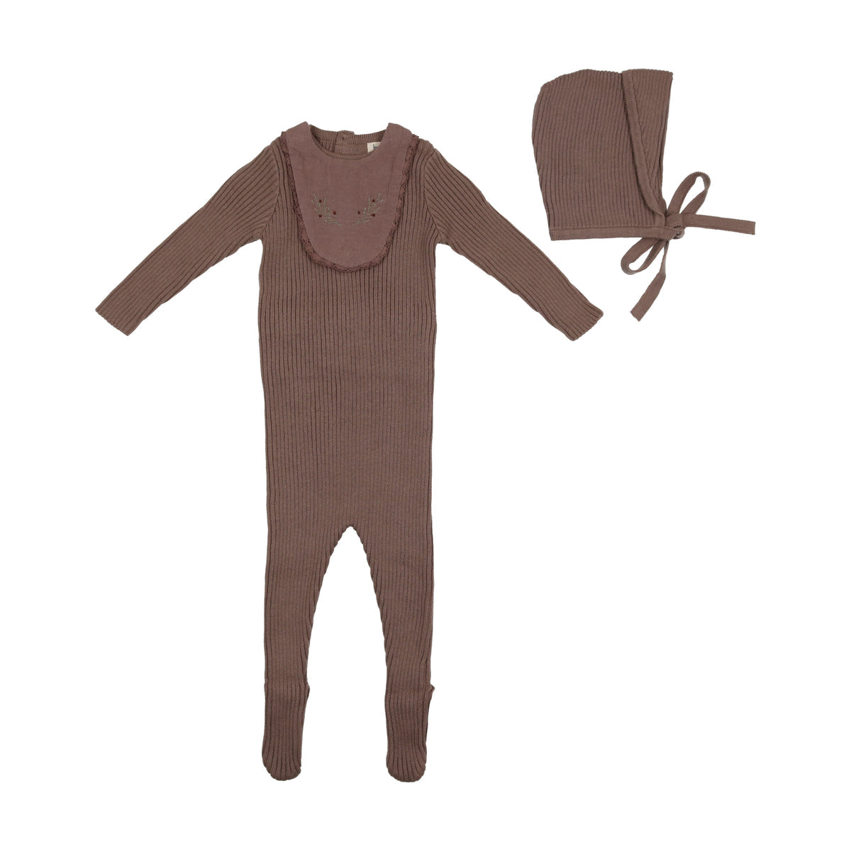 Coffee Knit Embroidered Bib Footie and Bonnet
