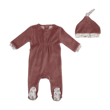 Mauve Floral Knot Velour Footie and Bonnet