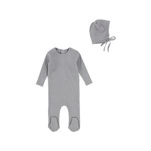 Grey Ribbed Footie and Bonnet
