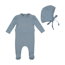 Powder Blue Embroidered Cotton Footie and Bonnet
