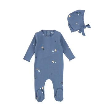 Storm Blue Clover Leaf Footie and Bonnet