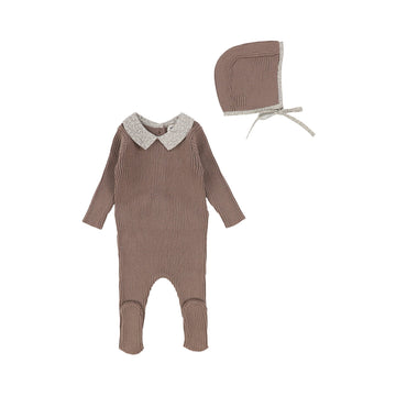 Taupe Knit Footie and Bonnet