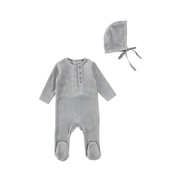 Silver Grey Velour Button Footie and Bonnet